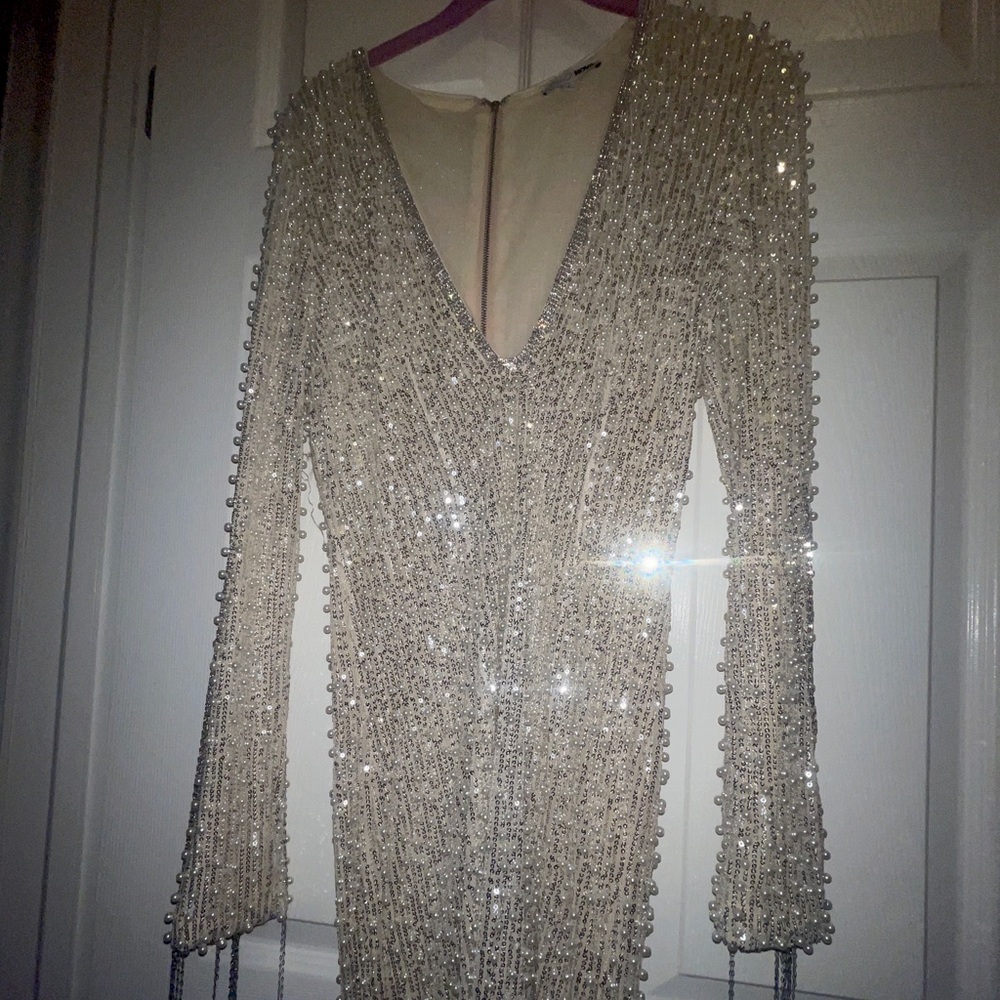 FASHION NOVA sparkling cream pearl and silver dress ✨